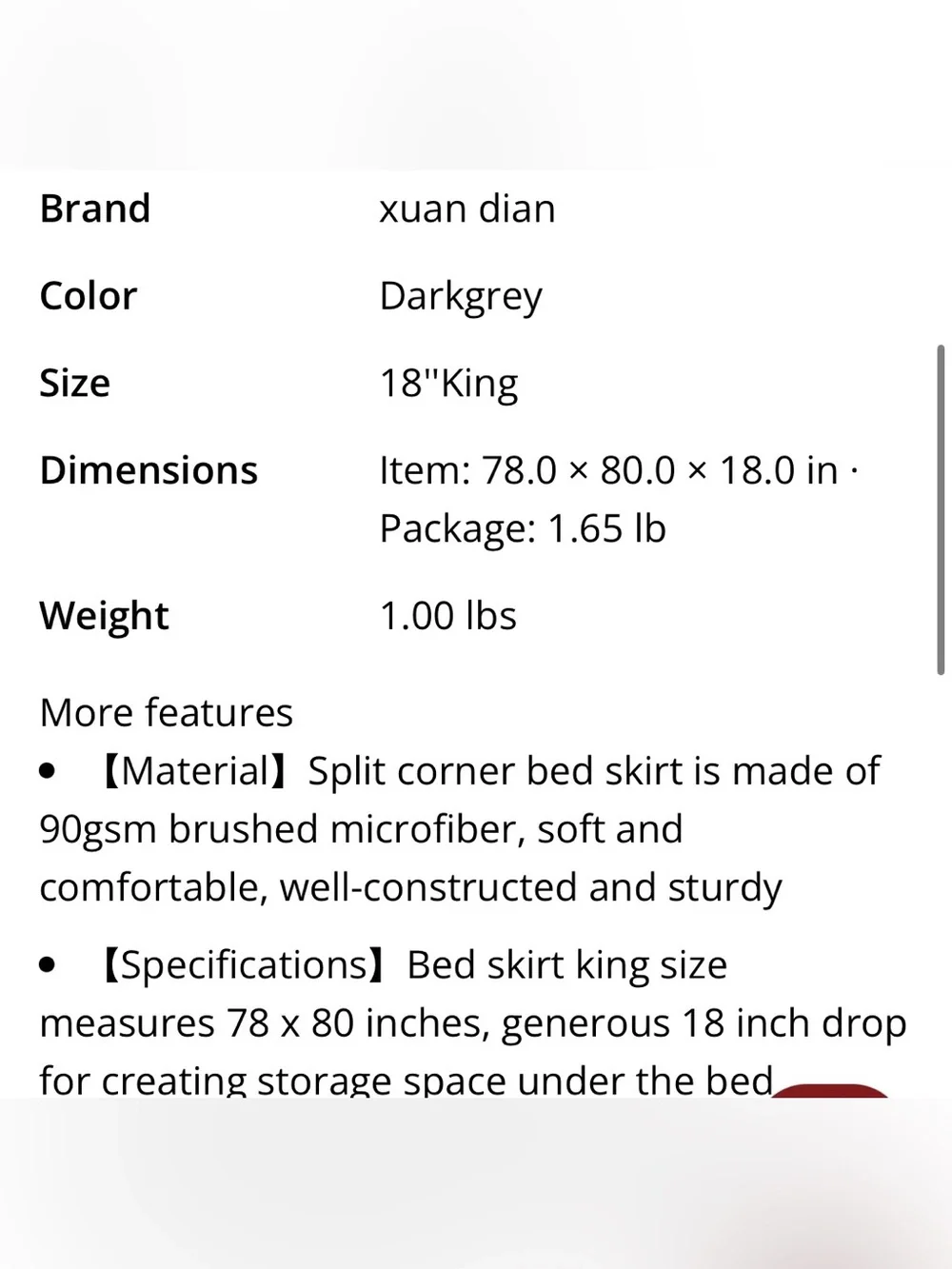 KING Split Corner Bed Skirt Dust Ruffle 18” Drip 100% Microfiber - DARK GRAY